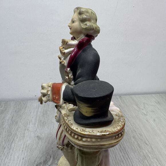 Victorian Man & Woman Figurines Ruffle Gold Trim Outfit Marked Bone China Lace - Picture 3 of 13
